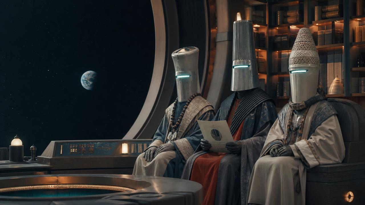 Three Elders of Sigma IX in ceremonial masks sit in their council chamber, with Earth visible in the distance.